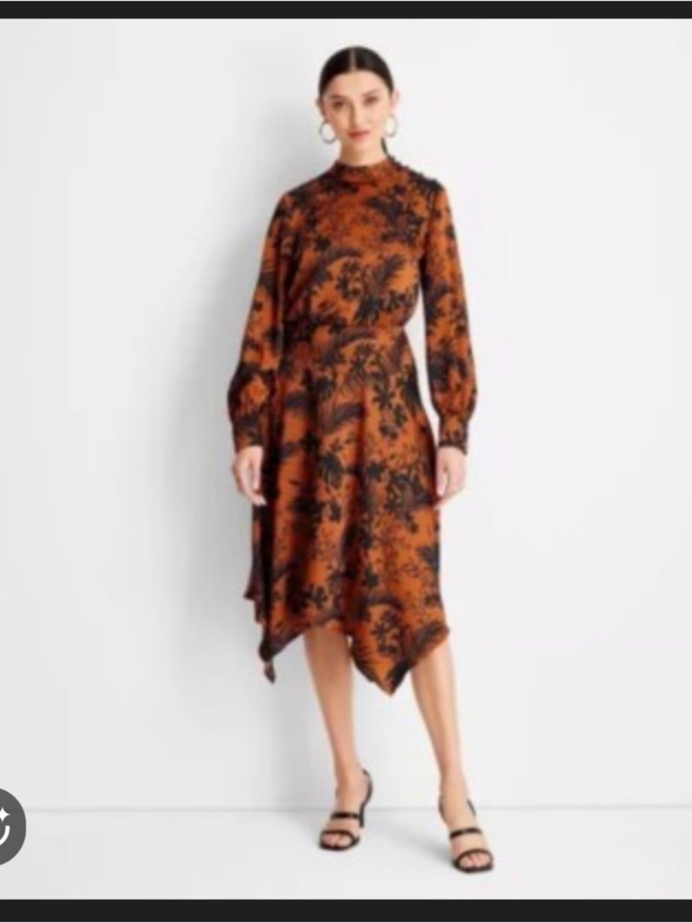 High-Neck Asymmetrical Floral Dress in Rust and Black